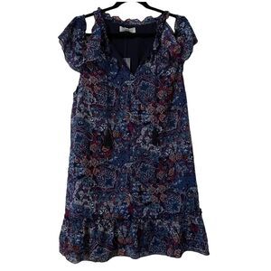 Libby Edelman Flutter Sleeve Dress. XL Navy Paisley Floral Flowy Ruffle hem NWT